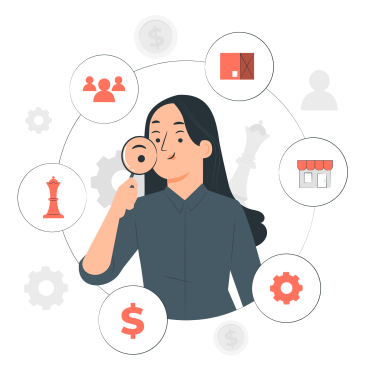 Person with a magnifying glass surrounded by circular icons for money, team, store, gear, and other business symbols.
