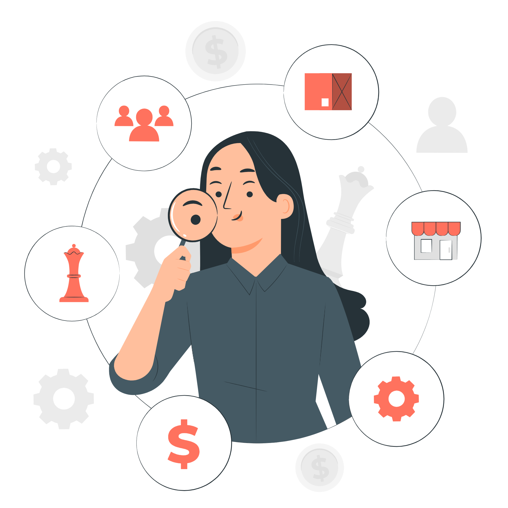 Person with a magnifying glass surrounded by circular icons for money, team, store, gear, and other business symbols.