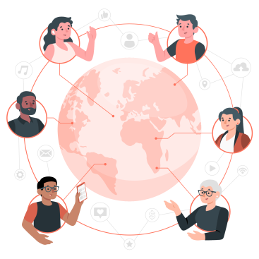 People from different backgrounds connected around a pink globe with lines and icons symbolizing communication and collaboration.”,