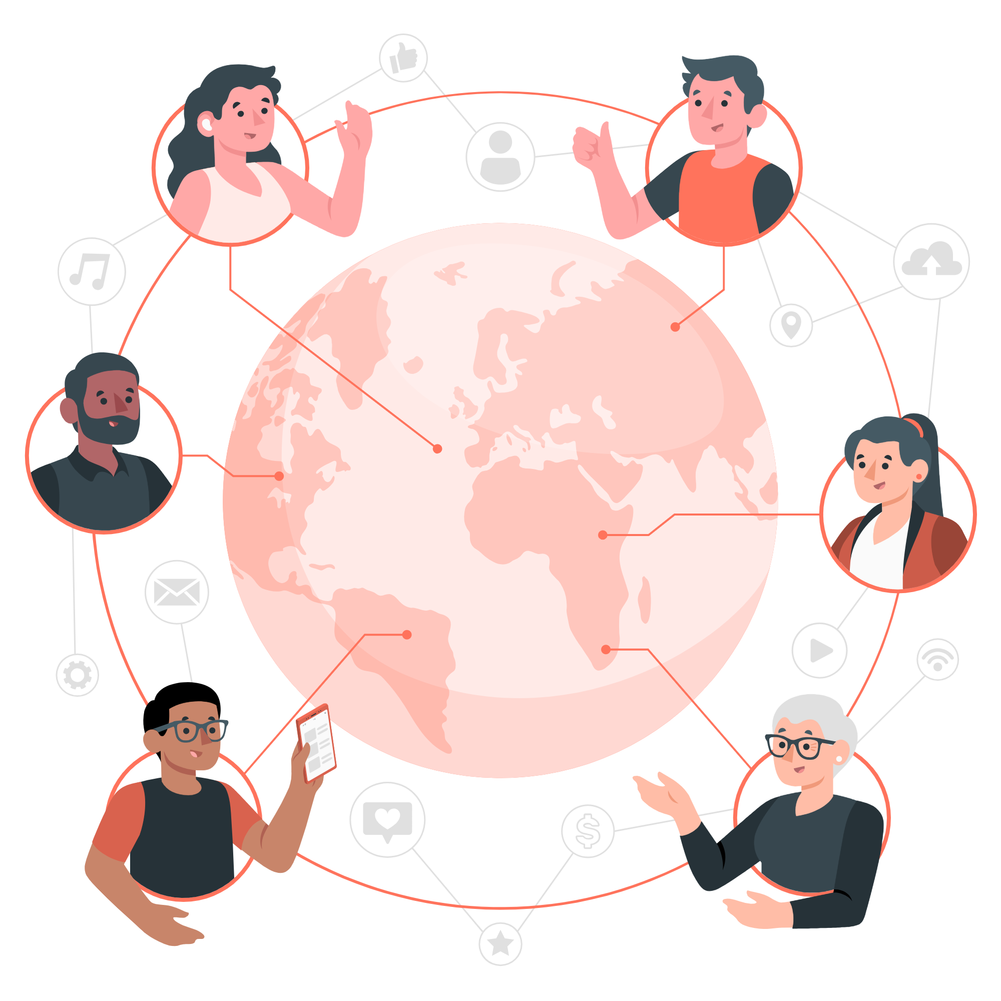 People from different backgrounds connected around a pink globe with lines and icons symbolizing communication and collaboration.”,