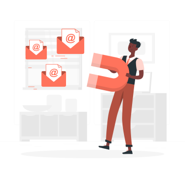 Person in a vest (illustration) carrying oversized orange envelopes with @ icons, next to a stack of documents in a workspace.