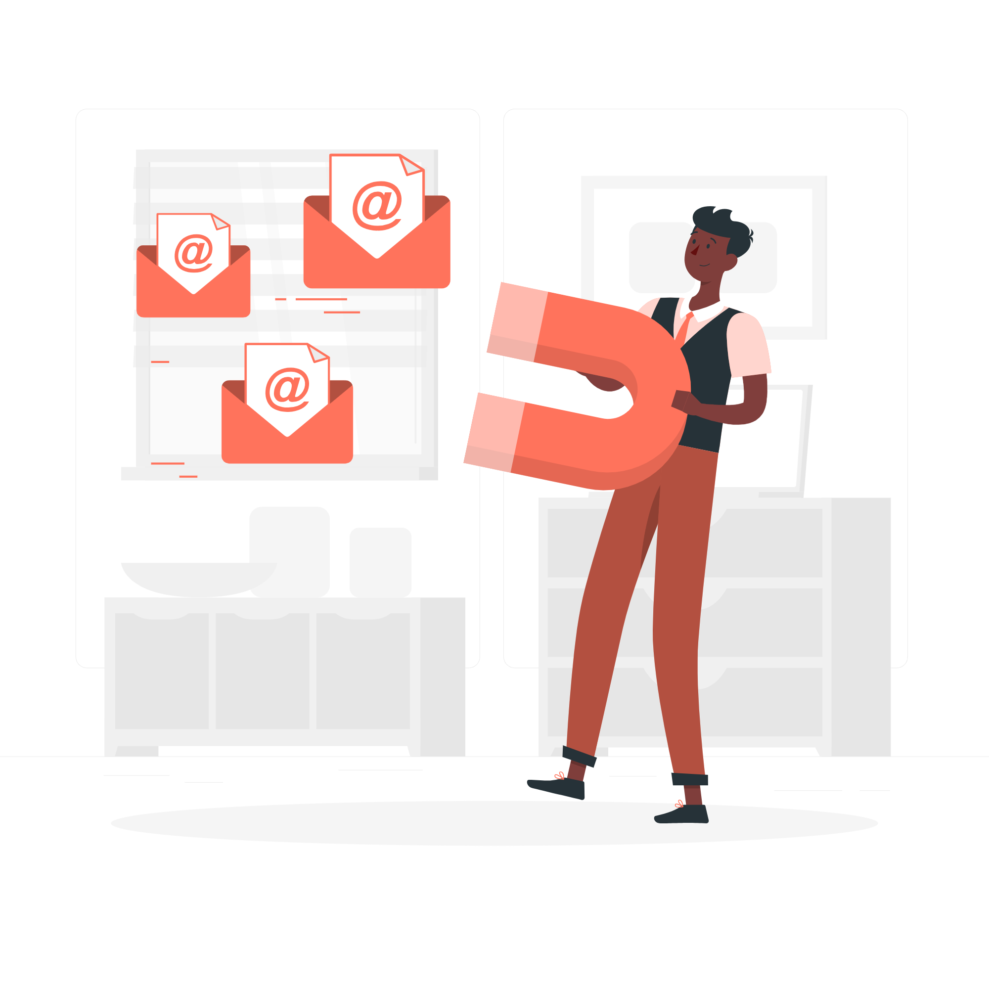 Person in a vest (illustration) carrying oversized orange envelopes with @ icons, next to a stack of documents in a workspace.