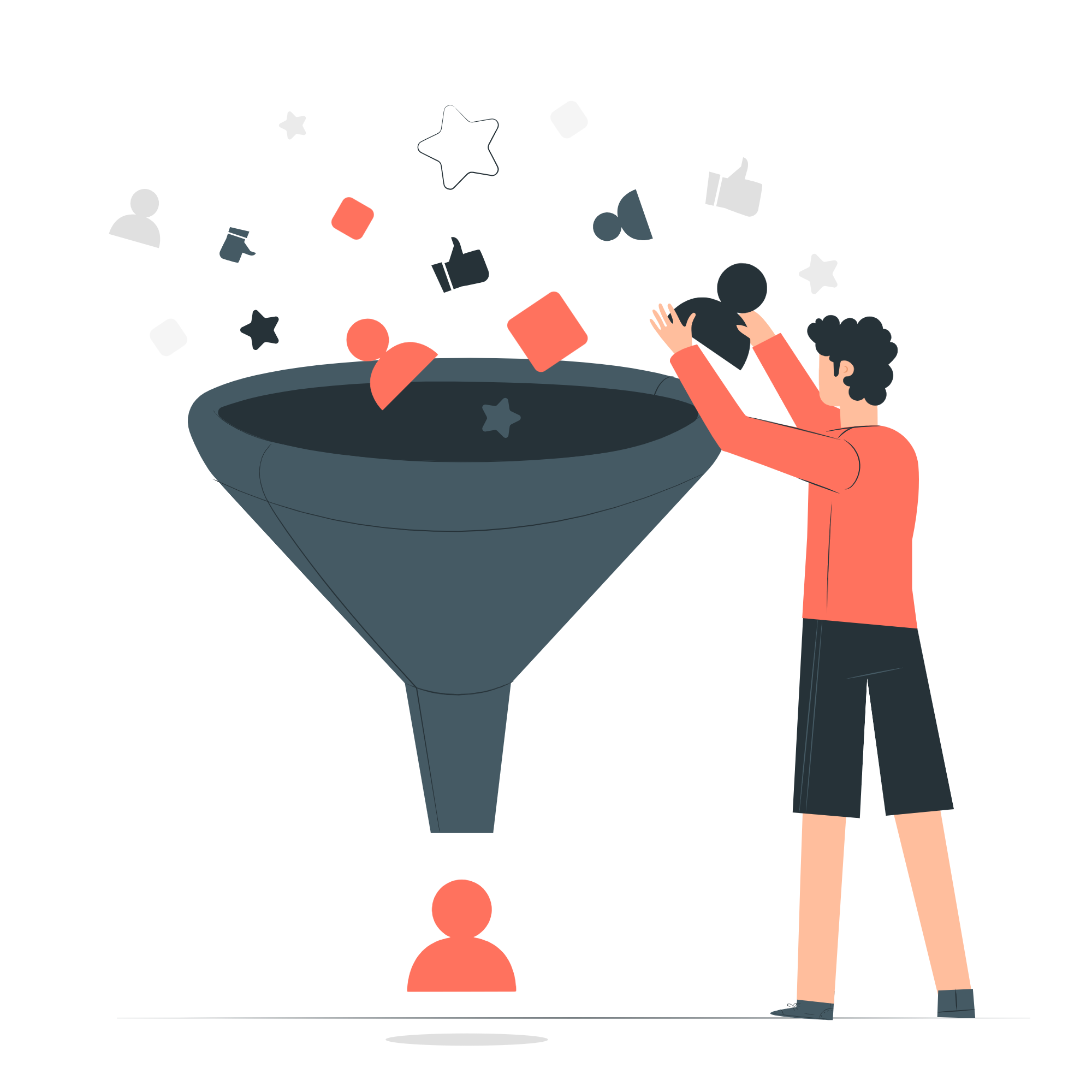 Two people on a trampoline throwing red shapes and stars into the air, colorful icons floating around them.