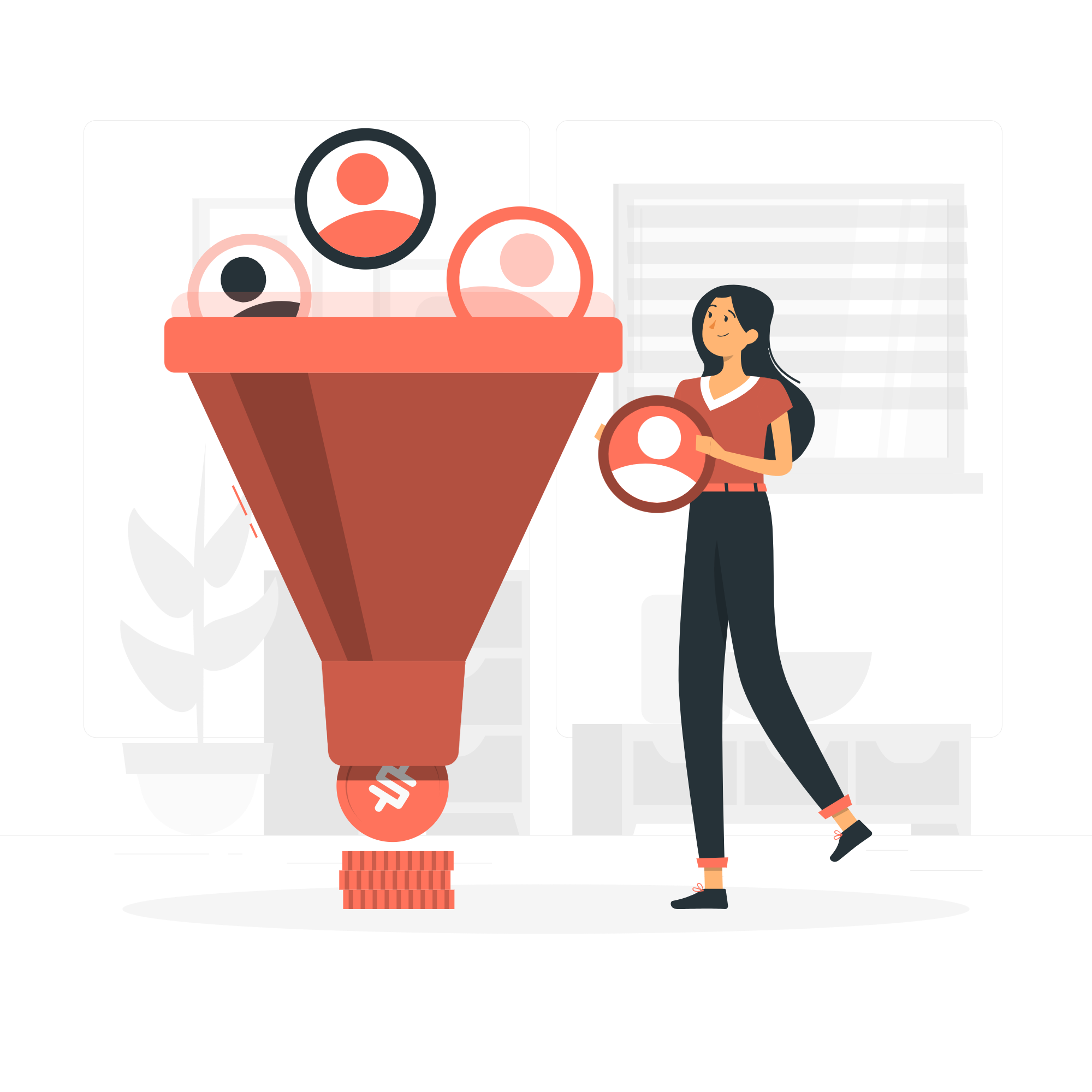 Cartoon of a person in an orange shirt presenting a giant orange bouquet with circular face icons, in a stylized office scene.