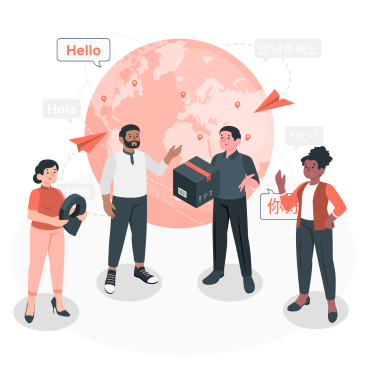 Diverse people stand around a pink globe, connected by dashed lines and speech bubbles with greetings in various languages (Hello, Hola).