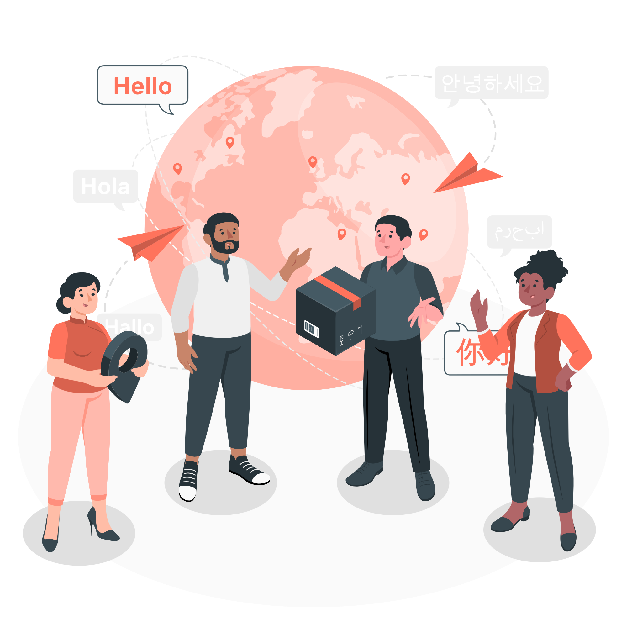 Diverse people stand around a pink globe, connected by dashed lines and speech bubbles with greetings in various languages (Hello, Hola).