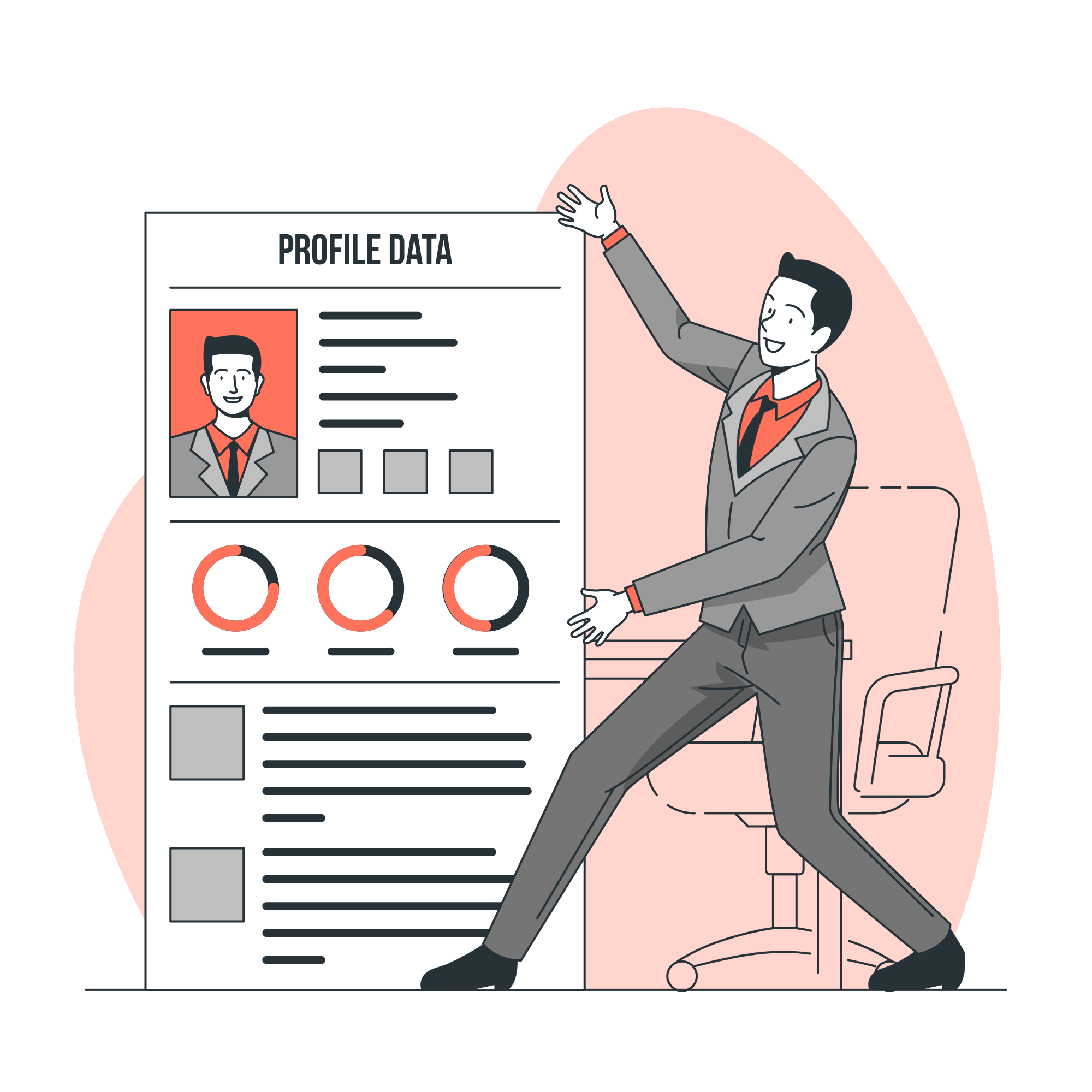 Person presenting a large resume or profile sheet labeled 'PROFILE DATA' with a photo, text lines, and circular charts on a white board held up beside them.