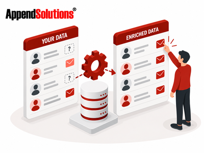 Two data panels labeled 'Your Data' and 'Enriched Data' connected to a central server and gear, with a person presenting the enriched results.